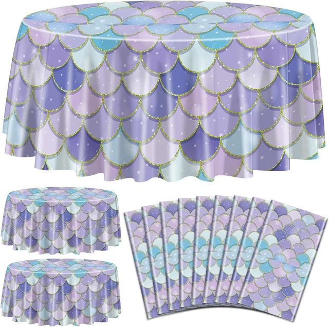 Alt view image 8 of 14 - 9 Pcs Mermaid Tablecloths, Round Ocean Sea Fish Scales Table Cloths for Girls Under The Sea Baby Shower Party Supplies, 84 x 84 Inch