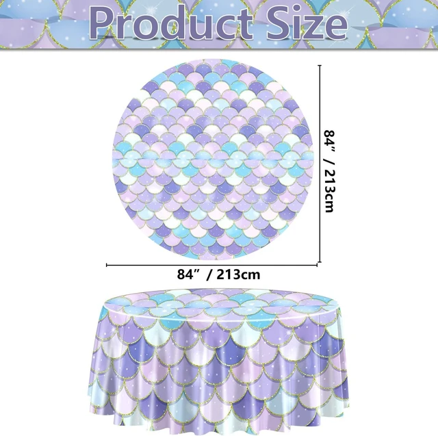Alt view image 9 of 14 - 9 Pcs Mermaid Tablecloths, Round Ocean Sea Fish Scales Table Cloths for Girls Under The Sea Baby Shower Party Supplies, 84 x 84 Inch