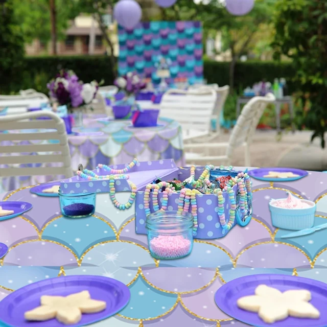 Alt view image 11 of 14 - 9 Pcs Mermaid Tablecloths, Round Ocean Sea Fish Scales Table Cloths for Girls Under The Sea Baby Shower Party Supplies, 84 x 84 Inch