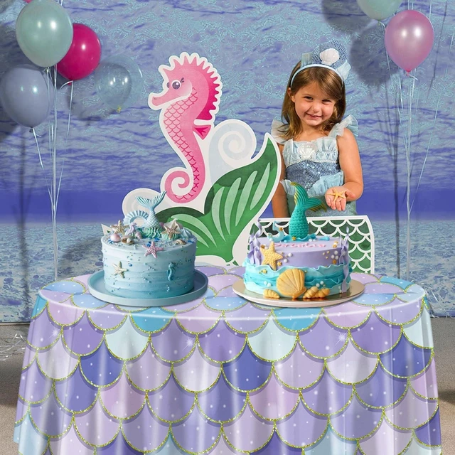 Alt view image 10 of 14 - 9 Pcs Mermaid Tablecloths, Round Ocean Sea Fish Scales Table Cloths for Girls Under The Sea Baby Shower Party Supplies, 84 x 84 Inch