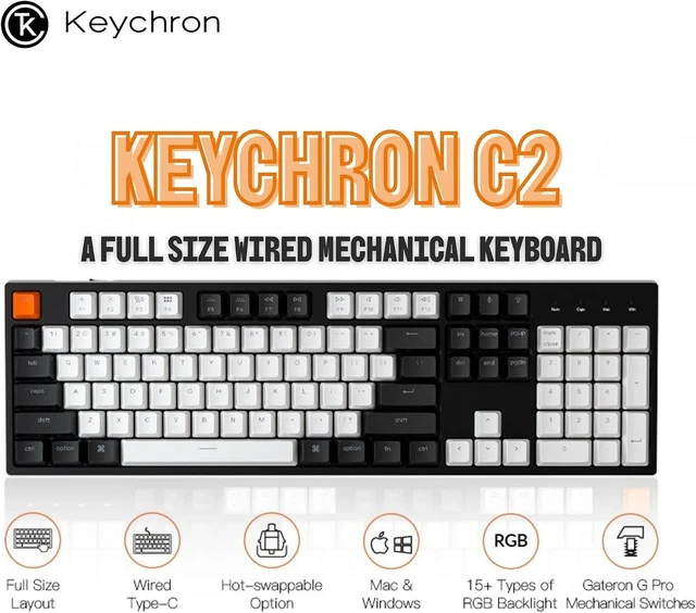 Alt view image 9 of 14 - Keychron C2 Full Size 104 Keys USB Type-C Wired Mechanical Gaming Keyboard for Mac Layout, Gateron G Pro Red Switch/RGB Backlight/Double-Shot ABS keycaps Computer Keyboard for Windows Laptop PC