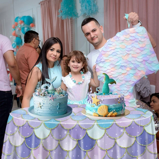 Alt view image 12 of 14 - 9 Pcs Mermaid Tablecloths, Round Ocean Sea Fish Scales Table Cloths for Girls Under The Sea Baby Shower Party Supplies, 84 x 84 Inch