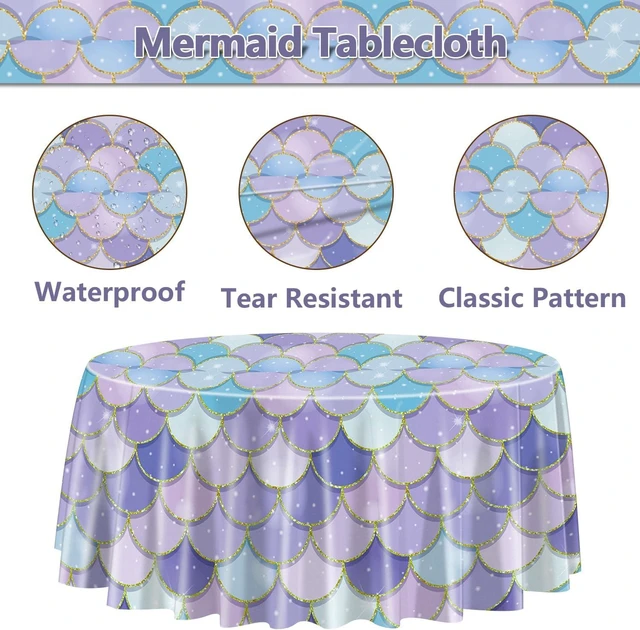 Alt view image 14 of 14 - 9 Pcs Mermaid Tablecloths, Round Ocean Sea Fish Scales Table Cloths for Girls Under The Sea Baby Shower Party Supplies, 84 x 84 Inch