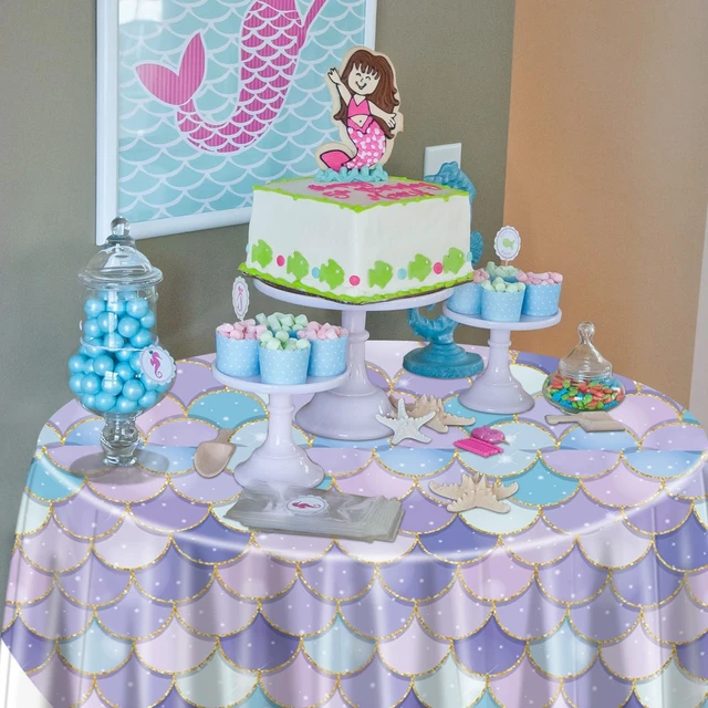 Alt view image 13 of 14 - 9 Pcs Mermaid Tablecloths, Round Ocean Sea Fish Scales Table Cloths for Girls Under The Sea Baby Shower Party Supplies, 84 x 84 Inch