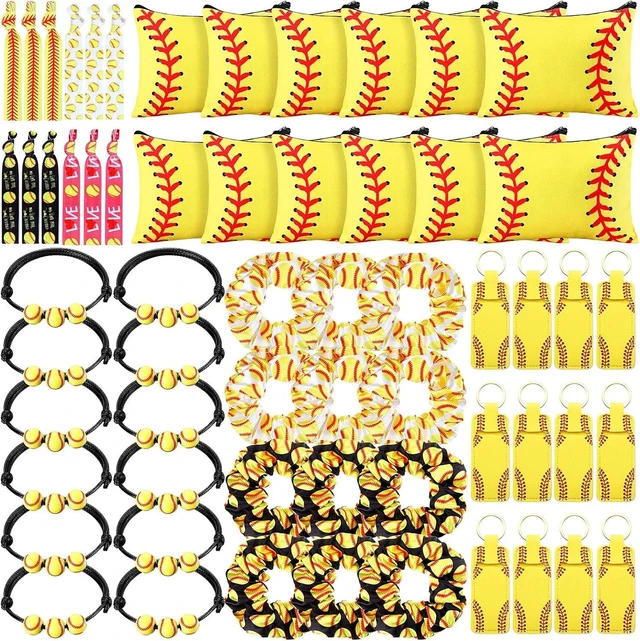 Alt view image 8 of 14 - Nuogo 60 Pcs Softball Gifts for Team Girls Softball Party Favors Include Cosmetic Bag, Keychains, Hair Scrunchies, Hair Ties, Bracelets for Sport Theme Birthday Party Supplies
