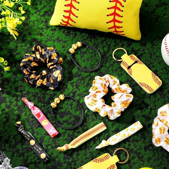 Alt view image 12 of 14 - Nuogo 60 Pcs Softball Gifts for Team Girls Softball Party Favors Include Cosmetic Bag, Keychains, Hair Scrunchies, Hair Ties, Bracelets for Sport Theme Birthday Party Supplies