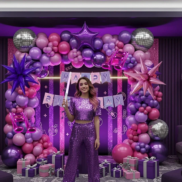 Alt view image 10 of 14 - K-Pop Music themed Birthday Decorations with Hot Pink Metallic Purple Balloon Garland Arch Kit & Disco Notes Star foil Balloons & Banner for Girls fans Birthday Party grad Prom Decorations