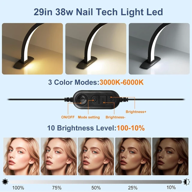 Alt view image 10 of 14 - iVict Half Moon Light for Nail Desk, 29In 40W Nails Tech Light with Phone Stand, 10 Adjustable Brightness, 3 Color Temperature Led Desk lamp for Nail, Tattoos, Eyebrows, Beauty(Black)