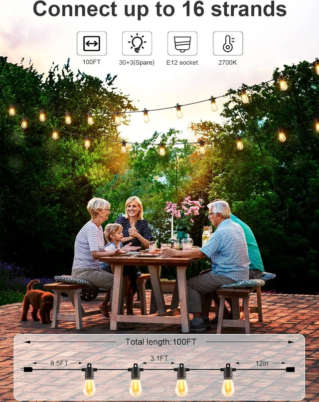 Alt view image 10 of 14 - Svater Outdoor String Lights 100 FT, Patio for Outside with Shatterproof S14 Bulbs, Waterproof LED Hanging Light for Cafe Backyard Bistro Party, Warm White