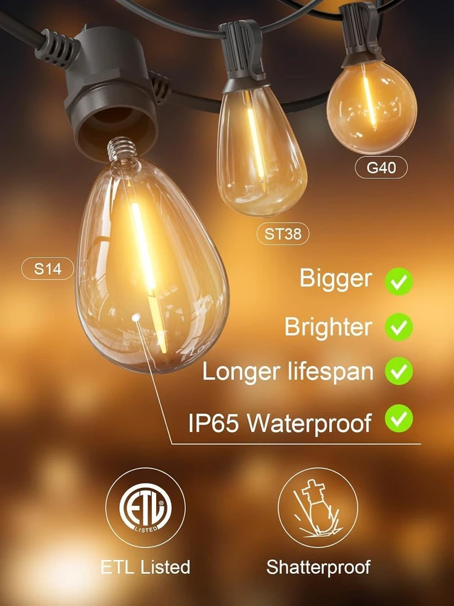 Alt view image 13 of 14 - Svater Outdoor String Lights 100 FT, Patio for Outside with Shatterproof S14 Bulbs, Waterproof LED Hanging Light for Cafe Backyard Bistro Party, Warm White