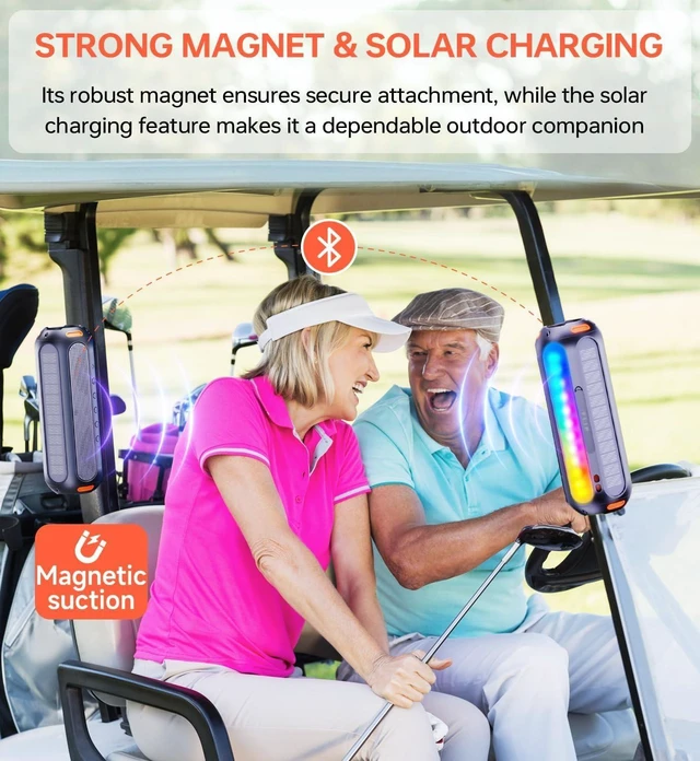 Alt view image 9 of 14 - Magnetic Bluetooth Speaker, Golf Speaker with Solar Charging 30H Playtime, 7 Colorful Flashing Lights Outdoor Waterproof Portable Wireless, for Golf Cart Gifts Hiking Camping