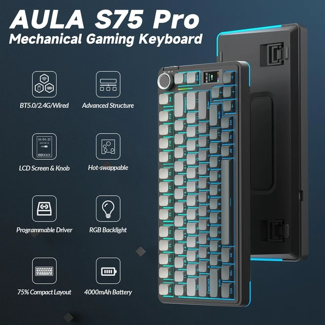 Alt view image 9 of 14 - AULA S75 PRO Wireless Mechanical Keyboard with Screen&Knob, Tri-Mode Hot Swappable Gaming Keyboard 75%, Pre-lubed Switches, RGB Backlit, Side Printed PBT Keycaps, Creamy Sounding Computer Keyboards