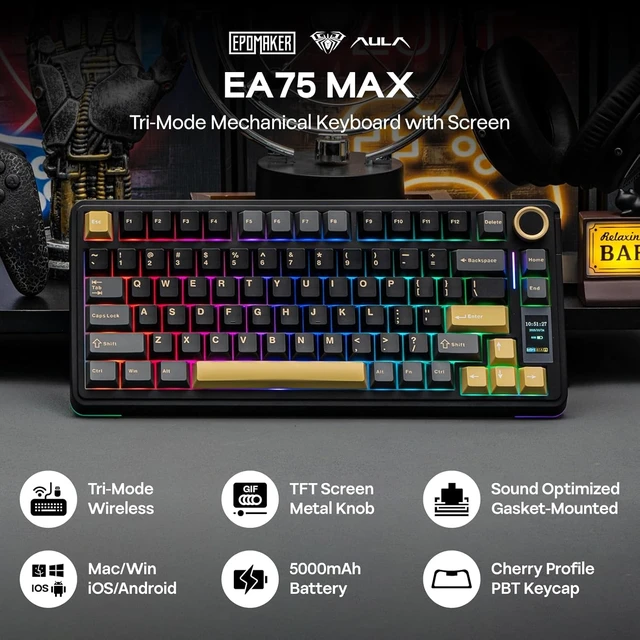 Alt view image 9 of 14 - EPOMAKER X Aula EA75 MAX Wireless Gaming Keyboard with Screen & Knob, 5000mAh, Hot-Swap, Lubed Switches, RGB Backlit, Creamy Gasket, 75% Mechanical Keyboard (Black, Reaper Switch)