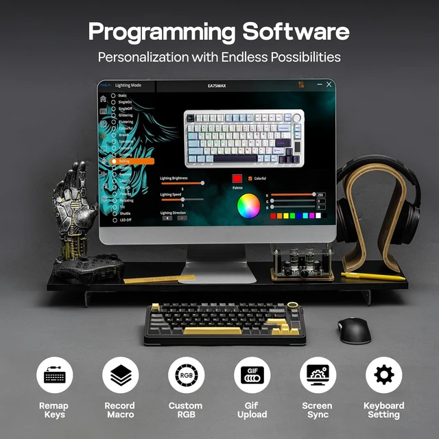 Alt view image 14 of 14 - EPOMAKER X Aula EA75 MAX Wireless Gaming Keyboard with Screen & Knob, 5000mAh, Hot-Swap, Lubed Switches, RGB Backlit, Creamy Gasket, 75% Mechanical Keyboard (Black, Reaper Switch)