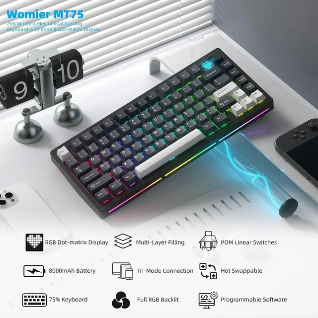 Alt view image 9 of 14 - Womier 75% Wireless Mechanical Gaming Keyboard with Knob & Display, Bluetooth 5.0/2.4GHz/USB C Thocky Creamy Keyboard for PC Computer, 8000mAh Battery Hot Swappable Key Board for Win/Mac (MT75-Grey)
