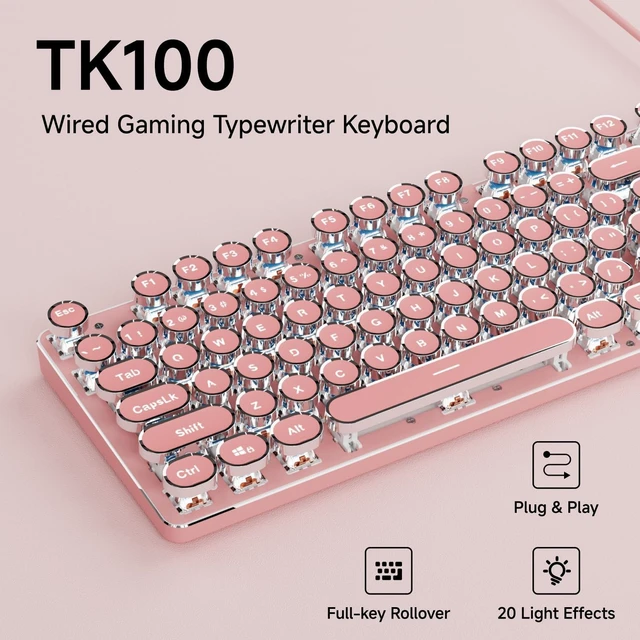 Alt view image 9 of 14 - EWEADN TK100 Typewriter Keyboard Wired Mechanical Keyboard, 104 Keys Aesthetic Typewriter Keyboards with White Backlit, Anti-Ghosting, Blue Switch Wired Cute Keyboards-Pink