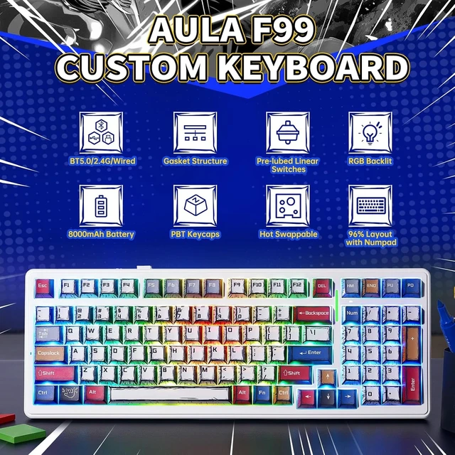 Alt view image 9 of 14 - Aula F99 Mechanical Gaming Keyboard, Wireless Creamy Keyboard Hot Swappable Custom Bluetooth Computer Keyboards, Tri-Mode BT5.0/2.4GHz/USB-C, Pre-lubed Linear Switches, RGB Backlit, Gasket Structure