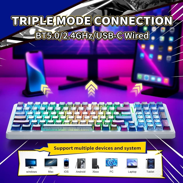 Alt view image 10 of 14 - Aula F99 Mechanical Gaming Keyboard, Wireless Creamy Keyboard Hot Swappable Custom Bluetooth Computer Keyboards, Tri-Mode BT5.0/2.4GHz/USB-C, Pre-lubed Linear Switches, RGB Backlit, Gasket Structure