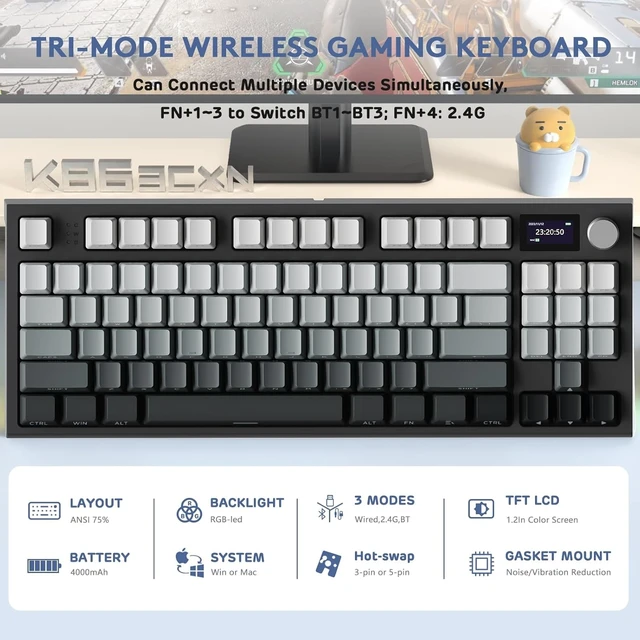 Alt view image 9 of 14 - ATTACK SHARK K86 RGB 75% Wireless Gasket Mechanical Keyboard,3-Mode Bluetooth5.0/2.4G/USB-C Hot Swappable Gaming Keyboard Side Print Keycaps,4000 mAH Battery Knob&Display,Linear Switches-Moonlight