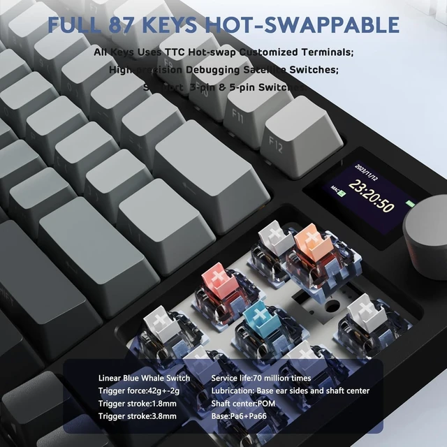 Alt view image 12 of 14 - ATTACK SHARK K86 RGB 75% Wireless Gasket Mechanical Keyboard,3-Mode Bluetooth5.0/2.4G/USB-C Hot Swappable Gaming Keyboard Side Print Keycaps,4000 mAH Battery Knob&Display,Linear Switches-Moonlight