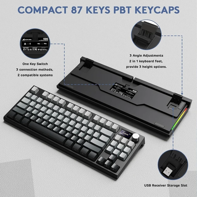 Alt view image 14 of 14 - ATTACK SHARK K86 RGB 75% Wireless Gasket Mechanical Keyboard,3-Mode Bluetooth5.0/2.4G/USB-C Hot Swappable Gaming Keyboard Side Print Keycaps,4000 mAH Battery Knob&Display,Linear Switches-Moonlight