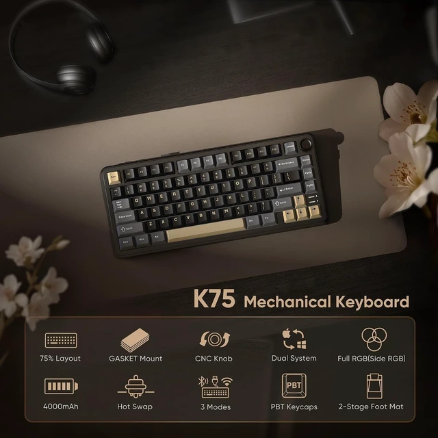 Alt view image 9 of 14 - RedThunder K75 Wireless Mechanical Keyboard, CNC Knob, Tri-Mode BT5.0/2.4GHz/USB-C Hot Swappable Custom, Pre-lubed Linear Coconut Switches, Gasket Structure, RGB Gaming Keyboard, Black-Gold