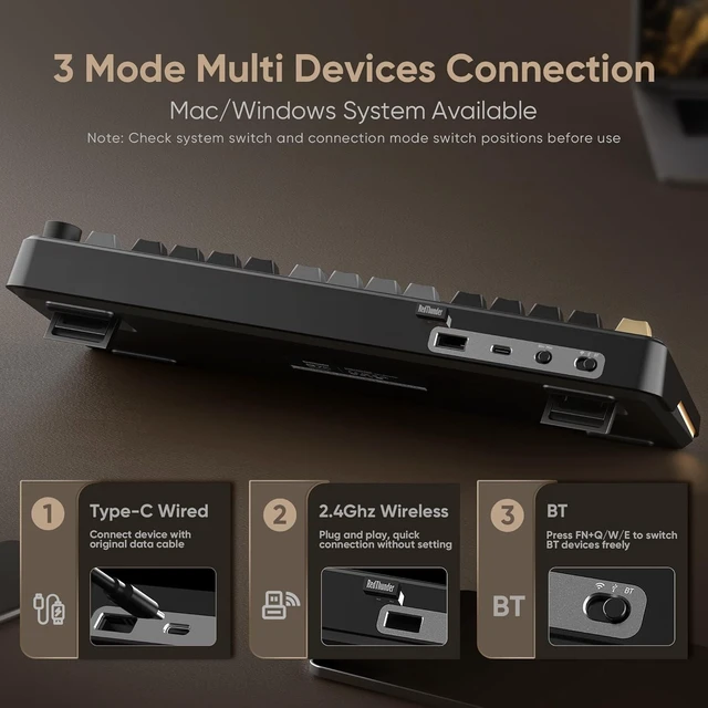 Alt view image 11 of 14 - RedThunder K75 Wireless Mechanical Keyboard, CNC Knob, Tri-Mode BT5.0/2.4GHz/USB-C Hot Swappable Custom, Pre-lubed Linear Coconut Switches, Gasket Structure, RGB Gaming Keyboard, Black-Gold