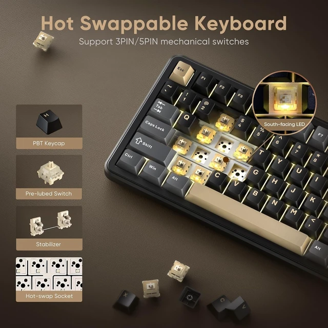 Alt view image 13 of 14 - RedThunder K75 Wireless Mechanical Keyboard, CNC Knob, Tri-Mode BT5.0/2.4GHz/USB-C Hot Swappable Custom, Pre-lubed Linear Coconut Switches, Gasket Structure, RGB Gaming Keyboard, Black-Gold