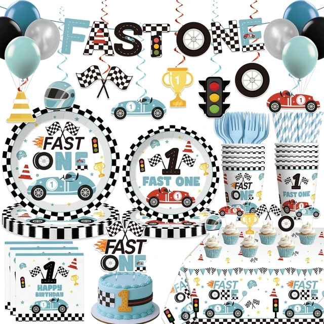 Alt view image 8 of 14 - Xynic 160pcs Fast One Birthday Decorations For Boys Tableware Complete Party Set, Fast One Birthday Decorations, Blue Race Car & Car Theme 1st Party Supplies Boy, Serves 20 Guests