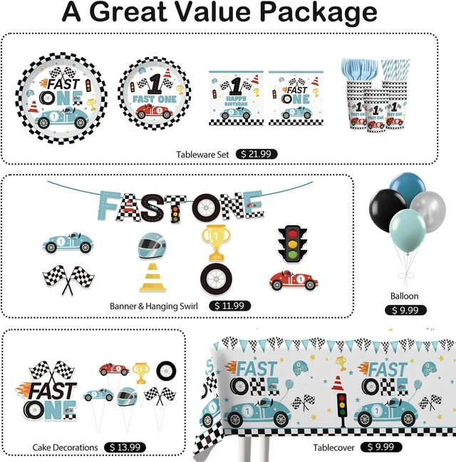 Alt view image 10 of 14 - Xynic 160pcs Fast One Birthday Decorations For Boys Tableware Complete Party Set, Fast One Birthday Decorations, Blue Race Car & Car Theme 1st Party Supplies Boy, Serves 20 Guests