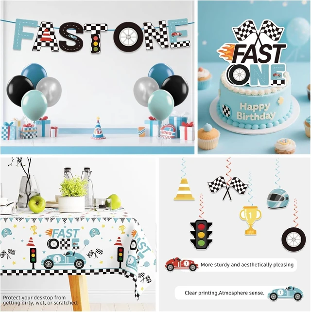 Alt view image 13 of 14 - Xynic 160pcs Fast One Birthday Decorations For Boys Tableware Complete Party Set, Fast One Birthday Decorations, Blue Race Car & Car Theme 1st Party Supplies Boy, Serves 20 Guests