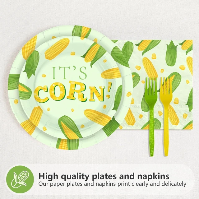 Alt view image 9 of 14 - 96 Pcs Cute Corn Birthday Party Decorations Vegetable Party Decorations Plates and Napkins Yellow Glitter Tableware Favors for Baby Shower Boys Girls Happy Birthday Party Supplies, Serves 24