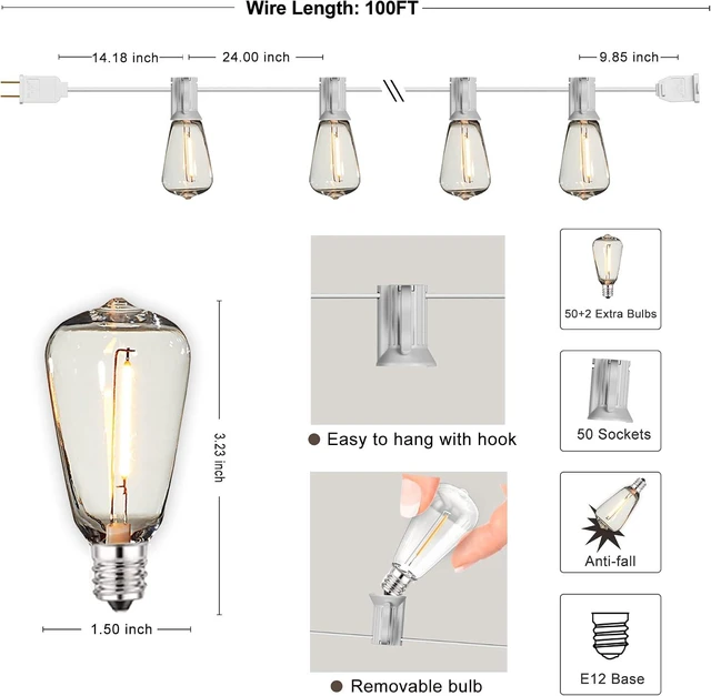 Alt view image 14 of 14 - DAMAING LED Outdoor String Lights 100FT Patio Lights with 52 Shatterproof Edison Bulbs,Dimmable Hanging Lights,Waterproof String Lights for Outside Wedding,Bistro,Porch,Backyard,2200K