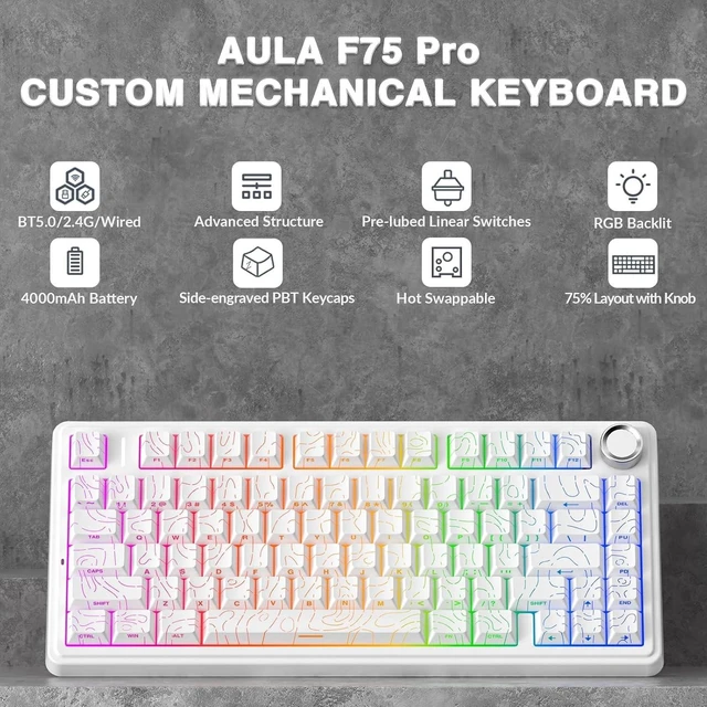 Alt view image 9 of 14 - AULA F75 Pro Wireless Mechanical Keyboard with Knob,75% Hot Swappable Custom Gaming Keyboards,RGB Backlit,Pre-lubed Switches,Side Printed PBT Keycaps Creamy Sounding Computer Keyboard, Line White