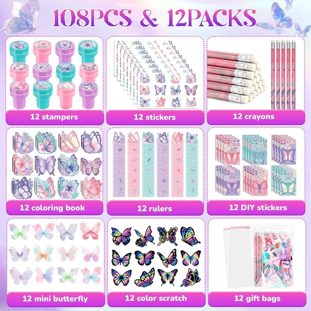 Alt view image 9 of 14 - BenLouis 108Pcs Butterfly Party Favors Butterfly Fairy School Stationery Set Bulk for Kids Spring Flower Tea Birthday Birthday Goodie Bag Stuffers Classroom Gifts Rewards Pinata Filler