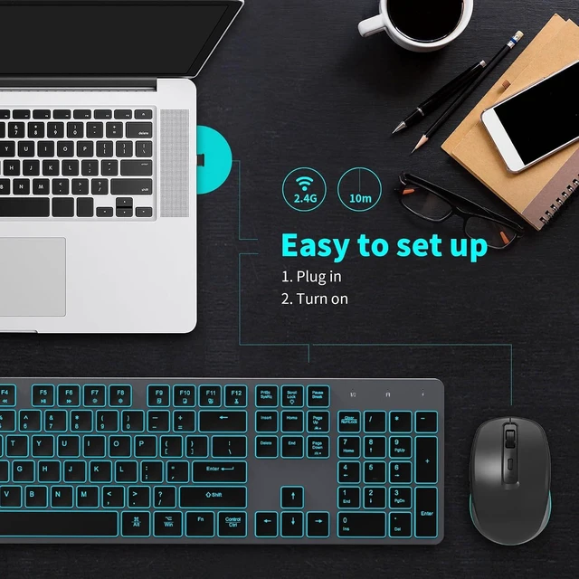 Alt view image 12 of 14 - Backlit Wireless Keyboard and Mouse Combo, Rechargeable Quiet 2.4G Cordless USB Slim Full Size for Apple iMac, MacBook, laptop and PC, Space Gray