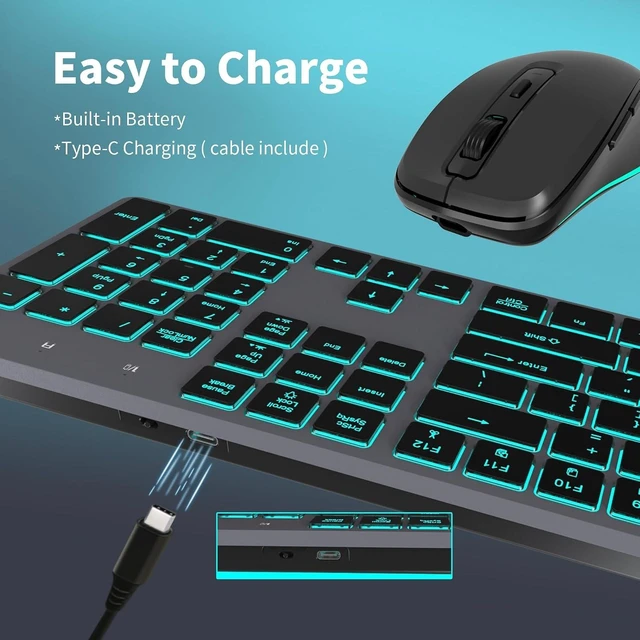 Alt view image 11 of 14 - Backlit Wireless Keyboard and Mouse Combo, Rechargeable Quiet 2.4G Cordless USB Slim Full Size for Apple iMac, MacBook, laptop and PC, Space Gray