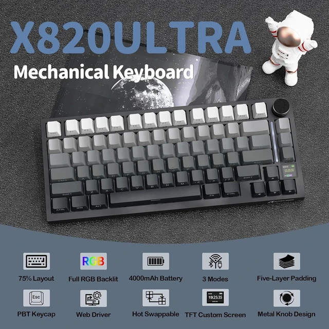 Alt view image 9 of 14 - ATTACK SHARK X820 Ultra 75% Wireless Gaming Mechanical Keyboard Hot-Swappable Gasket Mount RGB Backlit BT/2.4G/Wired Custom Keyboard with Smart TFT Display&Knob QMK Driver-Moonlit Night&Gift Switch