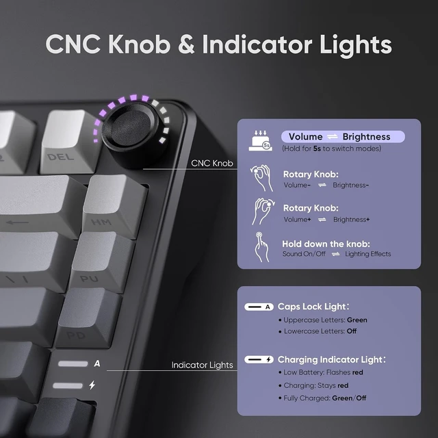 Alt view image 10 of 14 - RedThunder K75 Wireless Mechanical Gaming Keyboard, 75% Hot Swappable Creamy Keyboard with Knob, RGB Backlit, Pre-lubed Linear Switches, Side Printed PBT Keycaps, Wireless/Wired/BT5.0, Gradient Gray