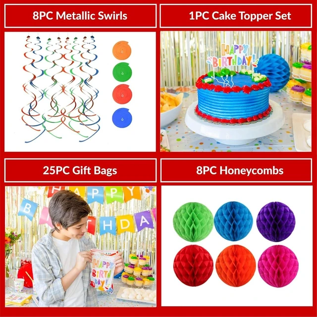 Alt view image 13 of 14 - 275 PC Colorful Birthday Party Decorations for Boy, Girl- Rainbow Party Supplies, Happy Birthday Banner, Balloons Garland Arch Kit Tablecloth Honeycomb Cake Topper Plates Cups Napkins Straws, 25 Guest