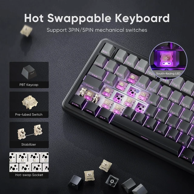 Alt view image 13 of 14 - RedThunder K75 Wireless Mechanical Gaming Keyboard, 75% Hot Swappable Creamy Keyboard with Knob, RGB Backlit, Pre-lubed Linear Switches, Side Printed PBT Keycaps, Wireless/Wired/BT5.0, Gradient Gray