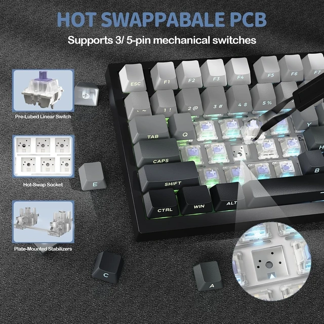 Alt view image 11 of 14 - ATTACK SHARK X820 Ultra 75% Wireless Gaming Mechanical Keyboard Hot-Swappable Gasket Mount RGB Backlit BT/2.4G/Wired Custom Keyboard with Smart TFT Display&Knob QMK Driver-Moonlit Night&Gift Switch