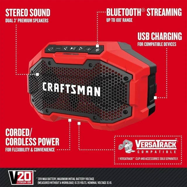 Alt view image 10 of 14 - CRAFTSMAN V20 Wireless Portable Bluetooth Speaker, Tool Only (CMCR001B), Red