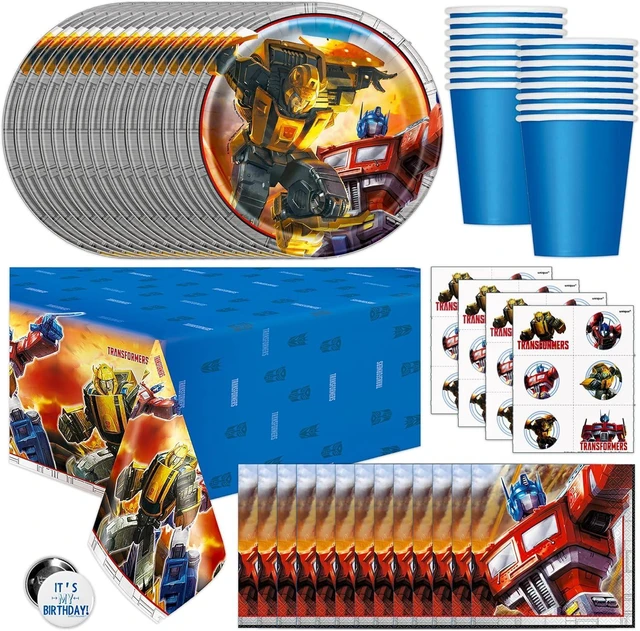 Alt view image 7 of 12 - Transformers Birthday Party Supplies - Serves 16 | Transformer Tablecover, Plates, Napkins, Cups, Tattoo Party Favors, Buttons