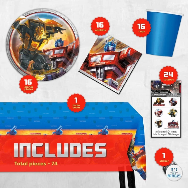 Alt view image 8 of 12 - Transformers Birthday Party Supplies - Serves 16 | Transformer Tablecover, Plates, Napkins, Cups, Tattoo Party Favors, Buttons