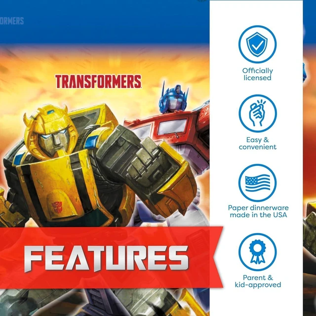 Alt view image 9 of 12 - Transformers Birthday Party Supplies - Serves 16 | Transformer Tablecover, Plates, Napkins, Cups, Tattoo Party Favors, Buttons