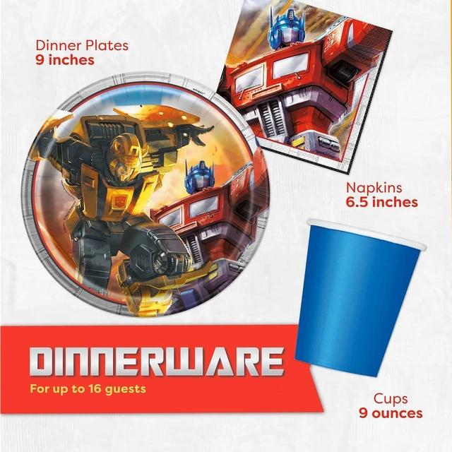 Alt view image 11 of 12 - Transformers Birthday Party Supplies - Serves 16 | Transformer Tablecover, Plates, Napkins, Cups, Tattoo Party Favors, Buttons