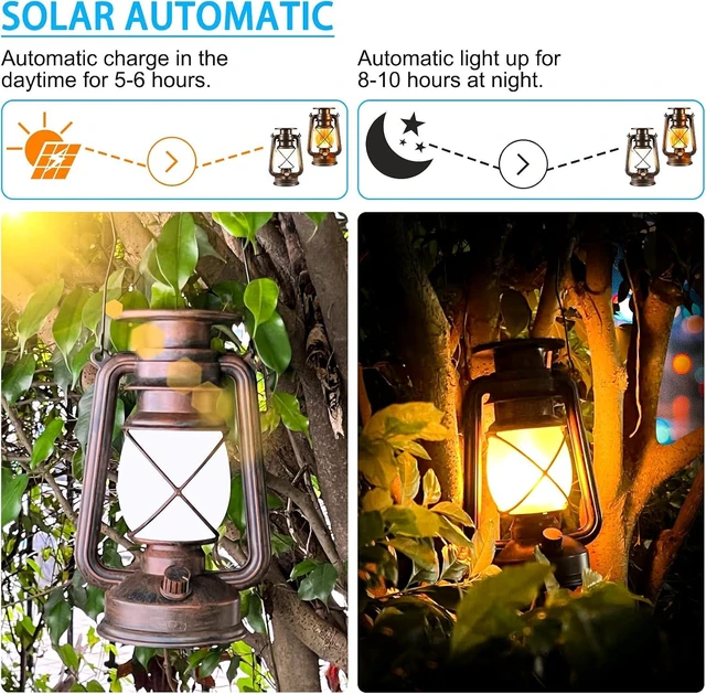 Alt view image 10 of 14 - Solar Lantern Outdoor, Hanging Solar Lights Flickering Flame LED Vintage Lantern, Waterproof Camping Lamps, Auto On/Off Landscape Decor for Table Patio Garden Yard Pathway Porch, 2 Pack