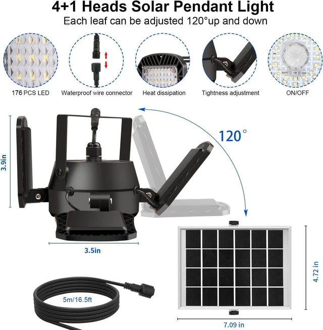 Alt view image 13 of 14 - Auzev Solar Shed Light Indoor Outdoor Upgrade 176 LED 4 and 1 Heads Solar Powered Motion Sensor Pandent Daytime Work Lights with 4 Modes Remote Control Security lamp for Garage Gazebo Barn