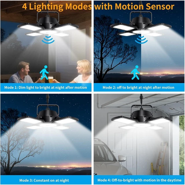 Alt view image 10 of 14 - Auzev Solar Shed Light Indoor Outdoor Upgrade 176 LED 4 and 1 Heads Solar Powered Motion Sensor Pandent Daytime Work Lights with 4 Modes Remote Control Security lamp for Garage Gazebo Barn